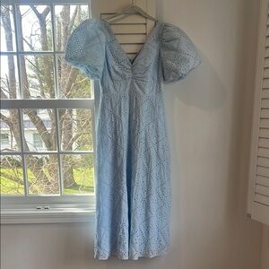 Light Blue Eyelet Puff Sleeve Midi Dress